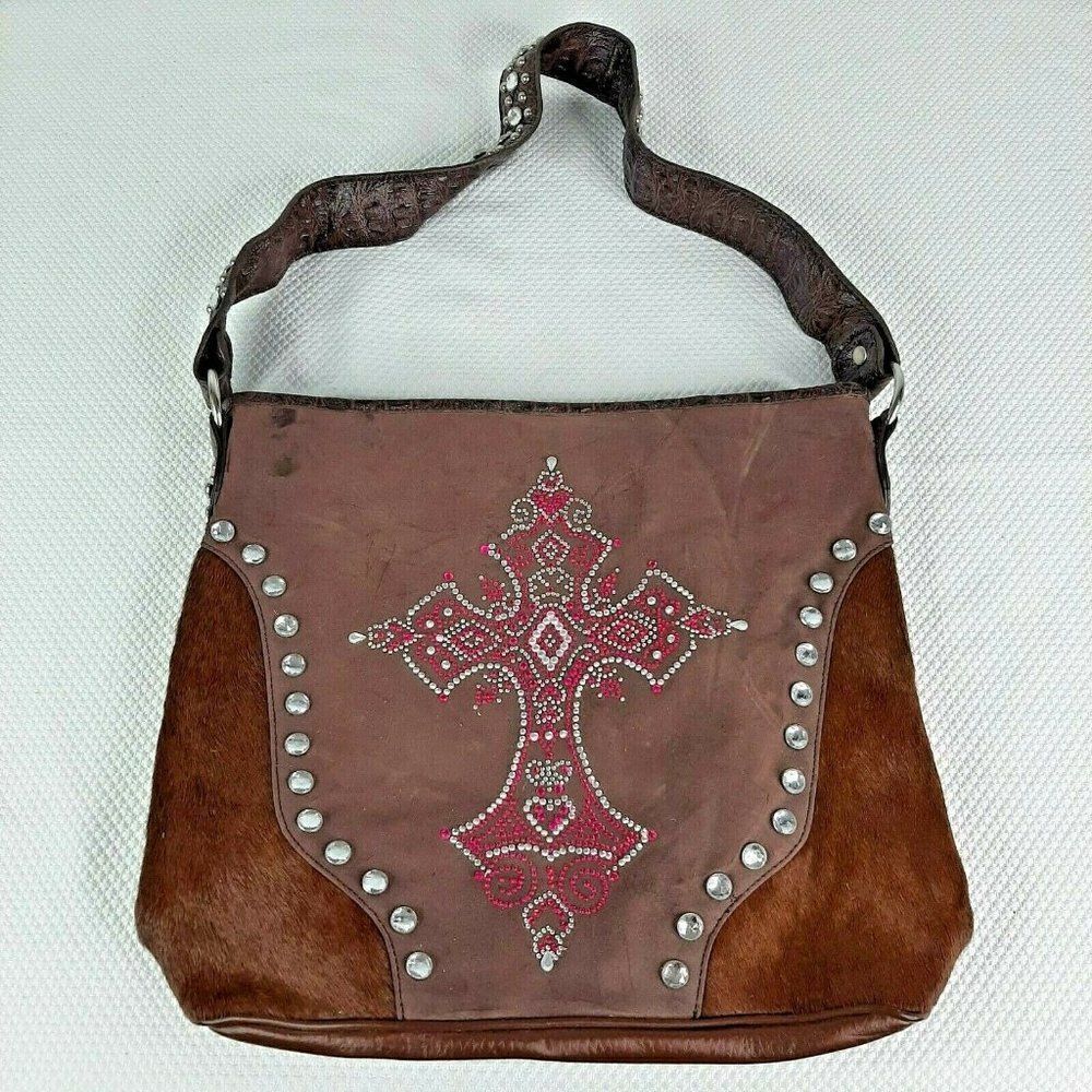 New BHW Shoulder Bag Purse Brown Bling Pink Cross Suede Calf Hair Western